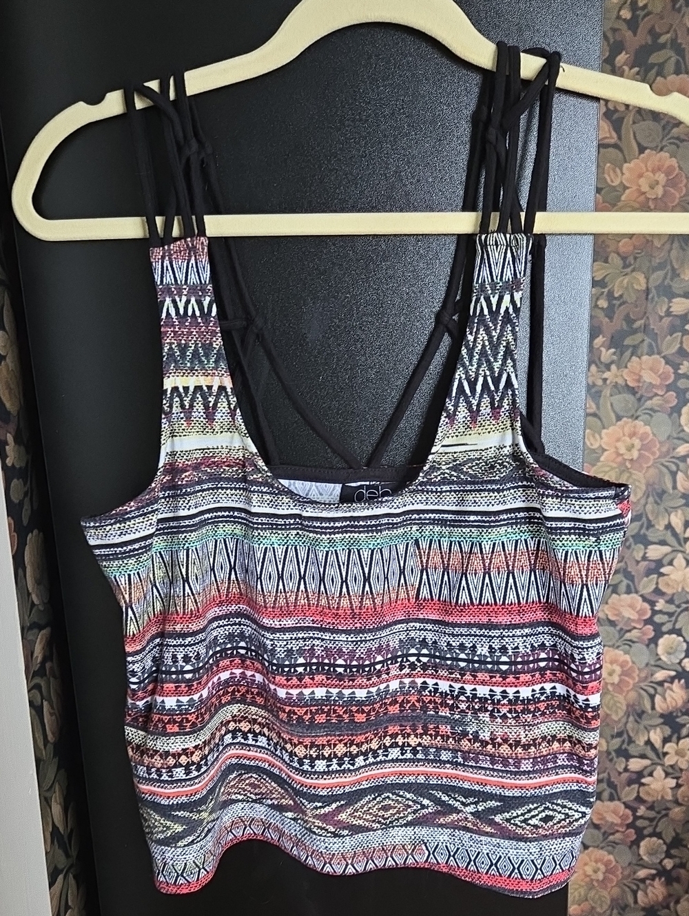 Deb Multicolor Tribal-Print Cropped Tank with Black Strappy Back